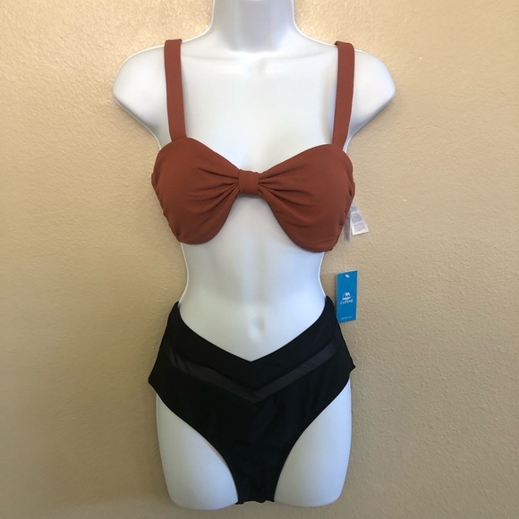 Cupshe Trinity Coffee Brown Knotted Black Crossover Waist Bikini Bottom Swim Set - Picture 1 of 16